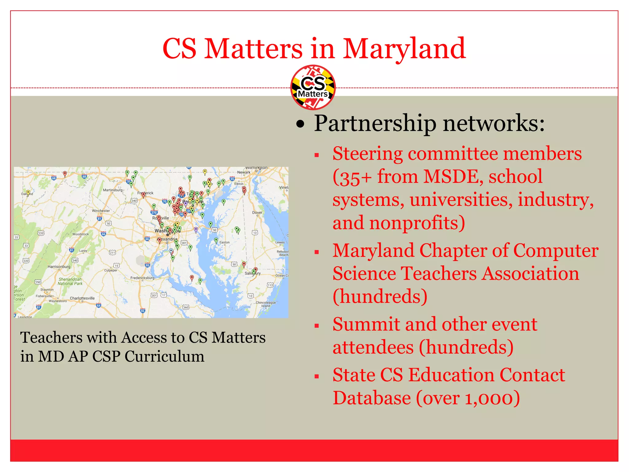 CS Matters in Maryland
— Partnership networks:
§ Steering committee members
(35+ from MSDE, school
systems, universities, industry,
and nonprofits)
§ Maryland Chapter of Computer
Science Teachers Association
(hundreds)
§ Summit and other event
attendees (hundreds)
§ State CS Education Contact
Database (over 1,000)
Teachers with Access to CS Matters
in MD AP CSP Curriculum
 