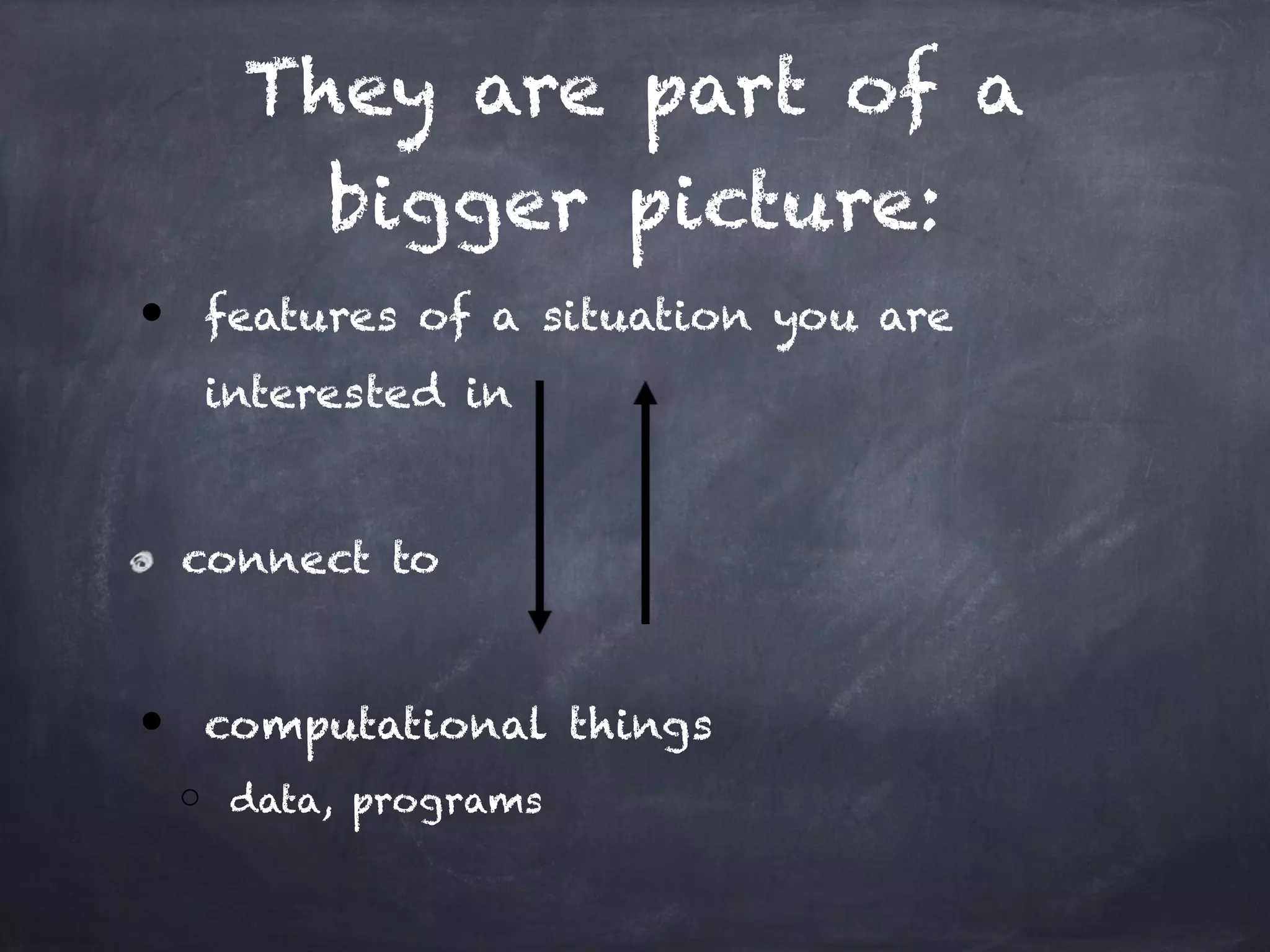 They are part of a
bigger picture:
● features of a situation you are
interested in
!
connect to
!
● computational things
o data, programs
 