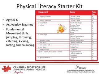 Physical Literacy Starter Kit
• Ages 0-6
• Active play & games
• Fundamental
Movement Skills:
jumping, throwing,
catching, kicking,
hitting and balancing
 