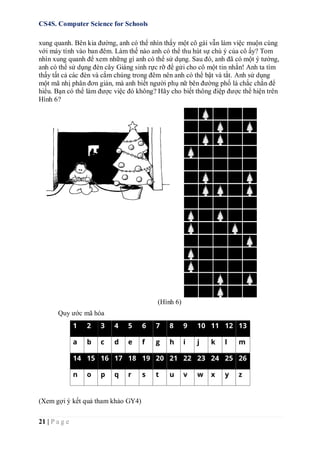 CS4S. Computer Science for Schools
21 | P a g e
xung quanh. Bên kia đường, anh có thể nhìn thấy một cô gái vẫn làm việc muộn cùng
với máy tính vào ban đêm. Làm thế nào anh có thể thu hút sự chú ý của cô ấy? Tom
nhìn xung quanh để xem những gì anh có thể sử dụng. Sau đó, anh đã có một ý tưởng,
anh có thể sử dụng đèn cây Giáng sinh rực rỡ để gửi cho cô một tin nhắn! Anh ta tìm
thấy tất cả các đèn và cắm chúng trong đêm nên anh có thể bật và tắt. Anh sử dụng
một mã nhị phân đơn giản, mà anh biết người phụ nữ bên đường phố là chắc chắn để
hiểu. Bạn có thể làm được việc đó không? Hãy cho biết thông điệp được thể hiện trên
Hình 6?
(Hình 6)
Quy ước mã hóa
1 2 3 4 5 6 7 8 9 10 11 12 13
a b c d e f g h i j k l m
14 15 16 17 18 19 20 21 22 23 24 25 26
n o p q r s t u v w x y z
(Xem gợi ý kết quả tham khảo GY4)
 