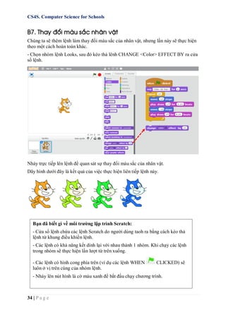 CS4S. Computer Science for Schools
34 | P a g e
B7. Thay đổi màu sắc nhân vật
Chúng ta sẽ thêm lệnh làm thay đổi màu sắc của nhân vật, nhưng lần này sẽ thực hiện
theo một cách hoàn toàn khác.
- Chọn nhóm lệnh Looks, sau đó kéo thả lênh CHANGE <Color> EFFECT BY ra cửa
sổ lệnh.
Nháy trực tiếp lên lệnh để quan sát sự thay đổi màu sắc của nhân vật.
Dãy hình dưới đây là kết quả của việc thực hiện liên tiếp lệnh này.
Bạn đã biết gì về môi trường lập trình Scratch:
- Cửa sổ lệnh chứa các lệnh Scratch do người dùng taoh ra bằng cách kéo thả
lệnh từ khung điều khiển lệnh.
- Các lệnh có khả năng kết dính lại với nhau thành 1 nhóm. Khi chạy các lệnh
trong nhóm sẽ thực hiện lần lượt từ trên xuống.
- Các lệnh có hình cong phía trên (ví dụ các lệnh WHEN CLICKED) sẽ
luôn ở vị trên cùng của nhóm lệnh.
- Nháy lên nút hình lá cờ màu xanh để bắt đầu chạy chương trình.
 