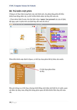 CS4S. Computer Science for Schools
35 | P a g e
B8. Thử bấm một phím
Chúng ta sẽ thực hiện trong bước này một lệnh mới, cho phép dùng phím để điều
khiển hoạt động nhân vật, cụ thể là điều khiển nhân vật thay đổi màu sắc.
- Chọn nhóm lệnh Events, kéo thả lệnh when <space> key pressed vào cửa sổ lệnh,
đặt ngay cạnh và phía trên của lệnh thay đổi màu sắc đã có.
Phím điều khiển mặc định là Space, có thể lựa chọn phím bất kỳ khác nếu muốn.
Bây giờ chúng ta có thể chạy chương trình (bằng cách nháy nút hình lá cờ xanh), quan
sát nhân vật nhảy múa, đồng thời dùng phím space để điều khiển Mèo thay đổi màu
sắc.
Có thể chọn phím khác
tại đây.
 
