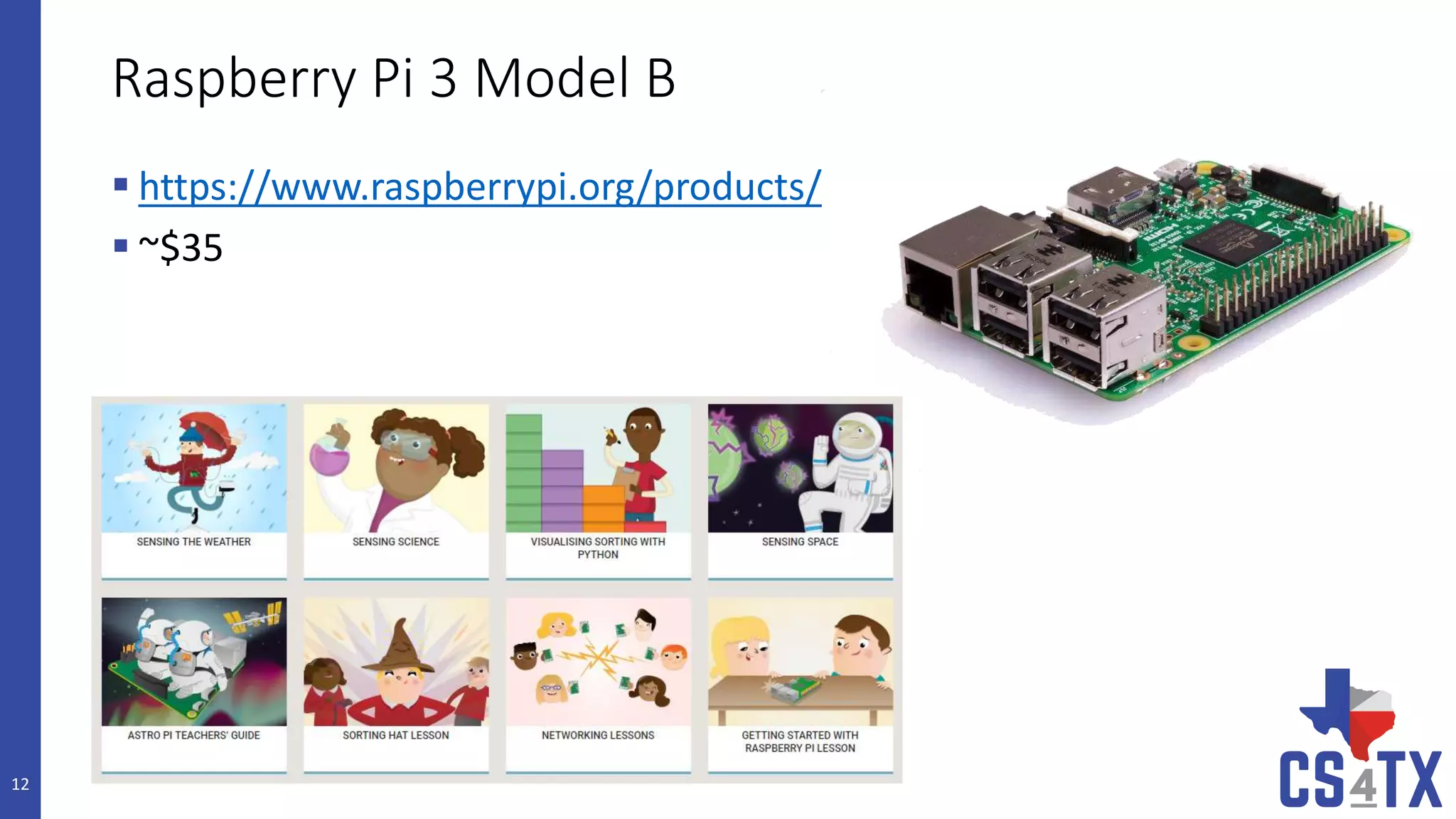 Raspberry Pi 3 Model B
 https://www.raspberrypi.org/products/
 ~$35
12
 