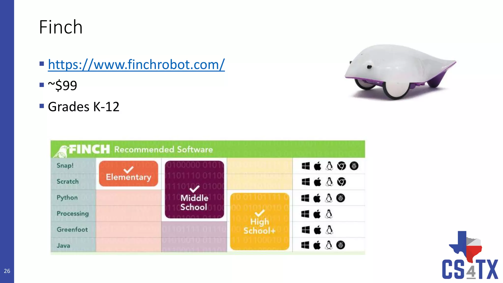 Finch
 https://www.finchrobot.com/
 ~$99
 Grades K-12
26
 