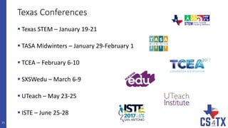 Texas Conferences
 Texas STEM – January 19-21
 TASA Midwinters – January 29-February 1
 TCEA – February 6-10
 SXSWedu – March 6-9
 UTeach – May 23-25
 ISTE – June 25-28
15
 