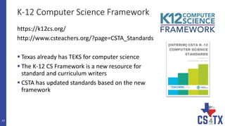 K-12 Computer Science Framework
https://k12cs.org/
http://www.csteachers.org/?page=CSTA_Standards
 Texas already has TEKS for computer science
 The K-12 CS Framework is a new resource for
standard and curriculum writers
 CSTA has updated standards based on the new
framework
19
 