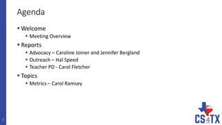 Agenda
 Welcome
 Meeting Overview
 Reports
 Advocacy – Caroline Joiner and Jennifer Bergland
 Outreach – Hal Speed
 Teacher PD - Carol Fletcher
 Topics
 Metrics – Carol Ramsey
2
 