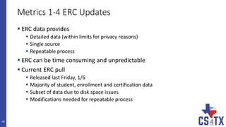 Metrics 1-4 ERC Updates
 ERC data provides
 Detailed data (within limits for privacy reasons)
 Single source
 Repeatable process
 ERC can be time consuming and unpredictable
 Current ERC pull
 Released last Friday, 1/6
 Majority of student, enrollment and certification data
 Subset of data due to disk space issues
 Modifications needed for repeatable process
40
 