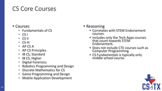 CS Core Courses
 Courses
• Fundamentals of CS
• CS I
• CS II
• CS III
• AP CS A
• AP CS Principles
• IB CS, Standard
• IB CS, Higher
• Digital Forensics
• Robotics Programming and Design
• Discrete Mathematics for CS
• Game Programming and Design
• Mobile Application Development
 Reasoning
 Correlates with STEM Endorsement
courses.
 Includes only the Tech Apps courses
that count towards STEM
Endorsement.
 Does not include CTE courses such as
Computer Programming.
 CS Fundamentals is typically only
middle school course.
45
 