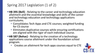 Spring 2017 Legislation (1 of 2)
HB 395 (Bell) - Relating to the career and technology education
allotment and the essential knowledge and skills of the career
and technology education and technology applications
curriculums.
• Consolidates Tech Apps and CTE courses; weighted funding
for CS course
• Eliminates duplicative courses while ensuring certifications
are aligned with the rigor of each individual course.
HB 587 (Bohac) - Relating to the creation of a technology
applications course allotment under the foundation school
program.
• Creates an allotment for tech apps courses equal to CTE
5
 