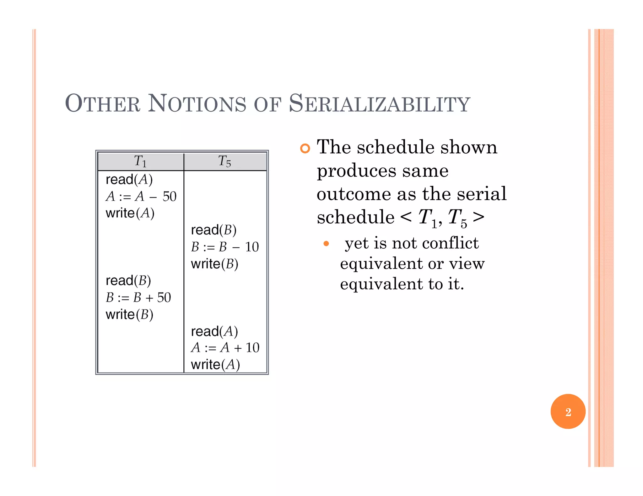 OTHER NOTIONS OF SERIALIZABILITY
 The schedule shown
produces same
outcome as the serial
schedule < T T >schedule < T1, T5 >
 yet is not conflict
equivalent or view
i l t t itequivalent to it.
2
 