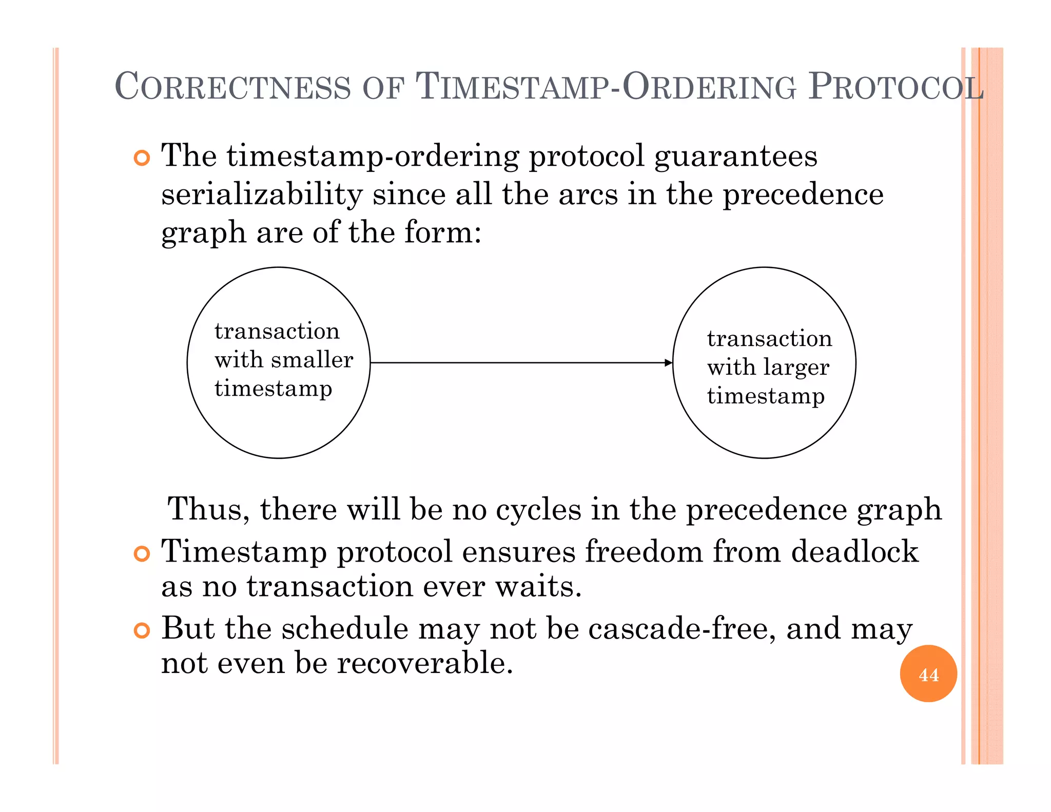 CORRECTNESS OF TIMESTAMP-ORDERING PROTOCOL
 Th ti t d i t l t The timestamp-ordering protocol guarantees
serializability since all the arcs in the precedence
graph are of the form:
transaction
ith ll
transaction
with smaller
timestamp
with larger
timestamp
Thus, there will be no cycles in the precedence graph
 Timestamp protocol ensures freedom from deadlock Timestamp protocol ensures freedom from deadlock
as no transaction ever waits.
 But the schedule may not be cascade-free, and may
not even be recoverablenot even be recoverable. 44
 