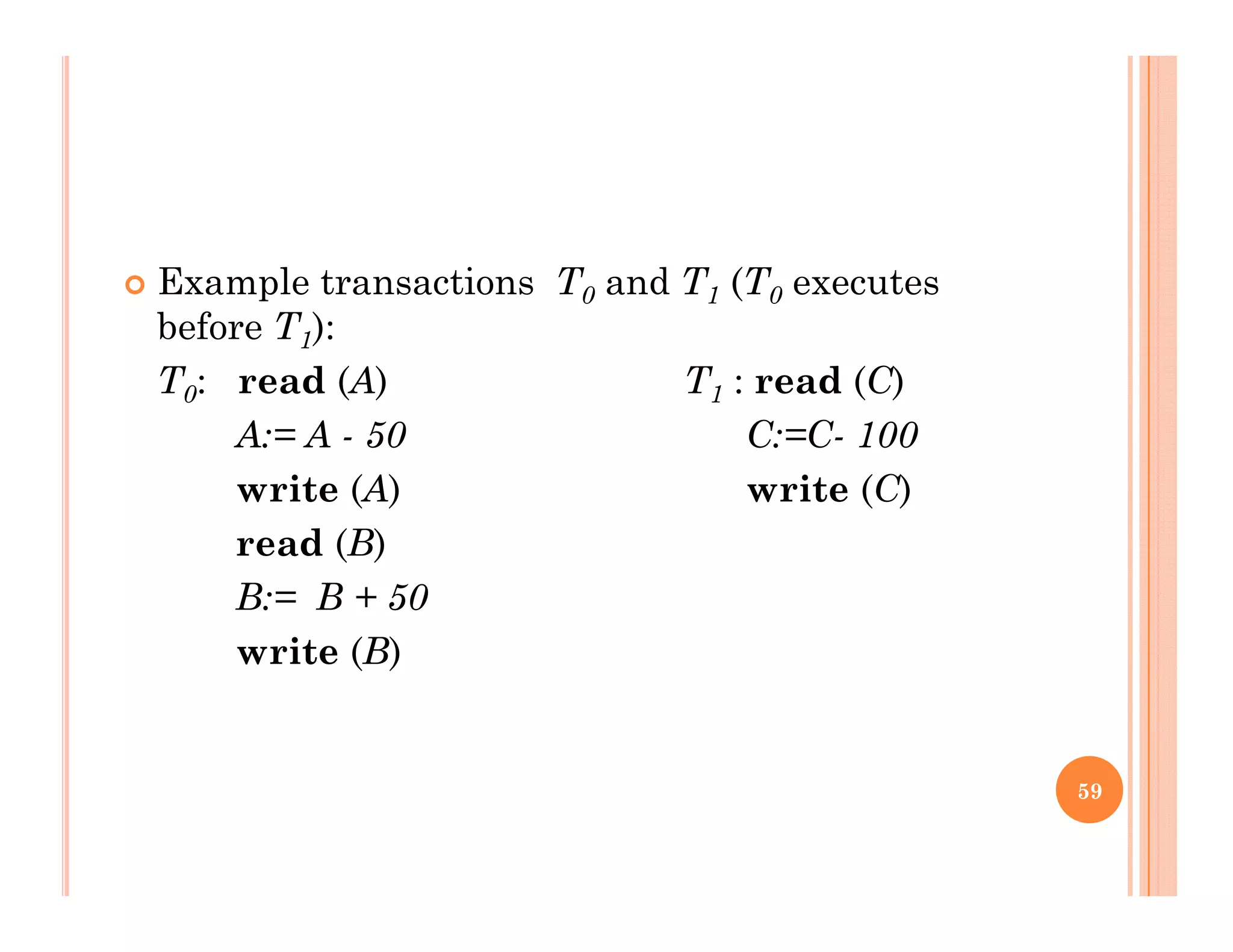  Example transactions T0 and T1 (T0 executesp 0 1 ( 0
before T1):
T0: read (A) T1 : read (C)
A:= A - 50 C:=C- 100
write (A) write (C)
d (B)read (B)
B:= B + 50
write (B)write (B)
59
 