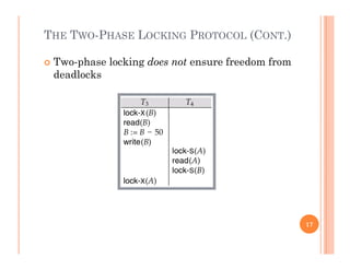 THE TWO-PHASE LOCKING PROTOCOL (CONT.)
 Two-phase locking does not ensure freedom from
deadlocks
17
 