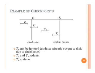 EXAMPLE OF CHECKPOINTS
Tc
Tf
T1T1
T2
T3
T4
f il
 T1 can be ignored (updates already output to disk
checkpoint system failure
due to checkpoint)
 T2 and T3 redone.
 T undone T4 undone 69
 