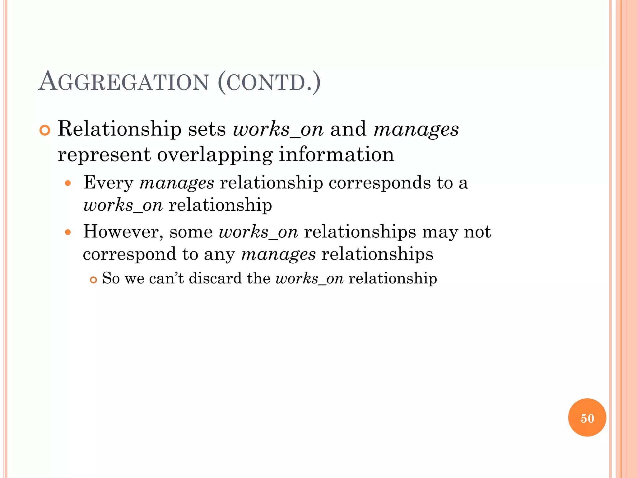 AGGREGATION (CONTD.)
 Relationship sets works_on and manages
represent overlapping information
 Every manages relationship corresponds to a
works_on relationship
 However, some works_on relationships may not
correspond to any manages relationships
 So we can’t discard the works_on relationship
50
 