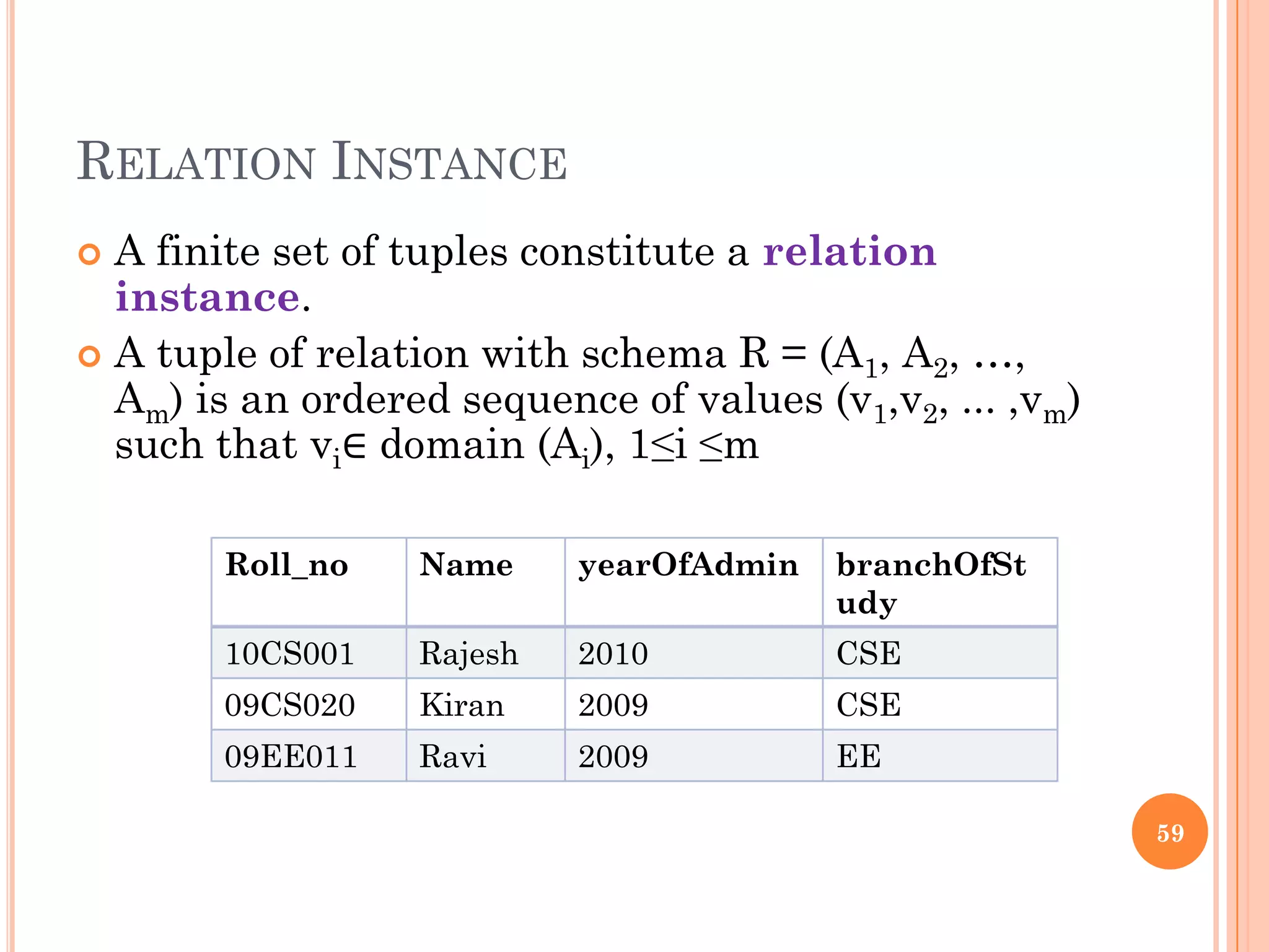 RELATION INSTANCE
 A finite set of tuples constitute a relation
instance.
 A tuple of relation with schema R = (A1, A2, …,
Am) is an ordered sequence of values (v1,v2, ... ,vm)
such that vi∈ domain (Ai), 1≤i ≤m
Roll_no Name yearOfAdmin branchOfSt
udy
10CS001 Rajesh 2010 CSE
09CS020 Kiran 2009 CSE
09EE011 Ravi 2009 EE
59
 
