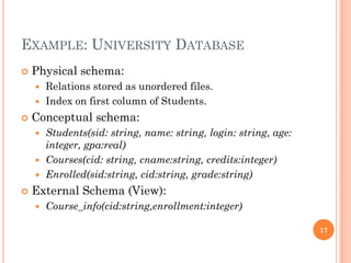 EXAMPLE: UNIVERSITY DATABASE
 Physical schema:
 Relations stored as unordered files.
 Index on first column of Students.
 Conceptual schema:
 Students(sid: string, name: string, login: string, age:
integer, gpa:real)
 Courses(cid: string, cname:string, credits:integer)
 Enrolled(sid:string, cid:string, grade:string)
 External Schema (View):
 Course_info(cid:string,enrollment:integer)
17
 