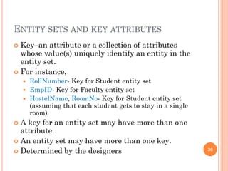 ENTITY SETS AND KEY ATTRIBUTES
 Key–an attribute or a collection of attributes
whose value(s) uniquely identify an entity in the
entity set.
 For instance,
 RollNumber- Key for Student entity set
 EmpID- Key for Faculty entity set
 HostelName, RoomNo- Key for Student entity set
(assuming that each student gets to stay in a single
room)
 A key for an entity set may have more than one
attribute.
 An entity set may have more than one key.
 Determined by the designers 30
 