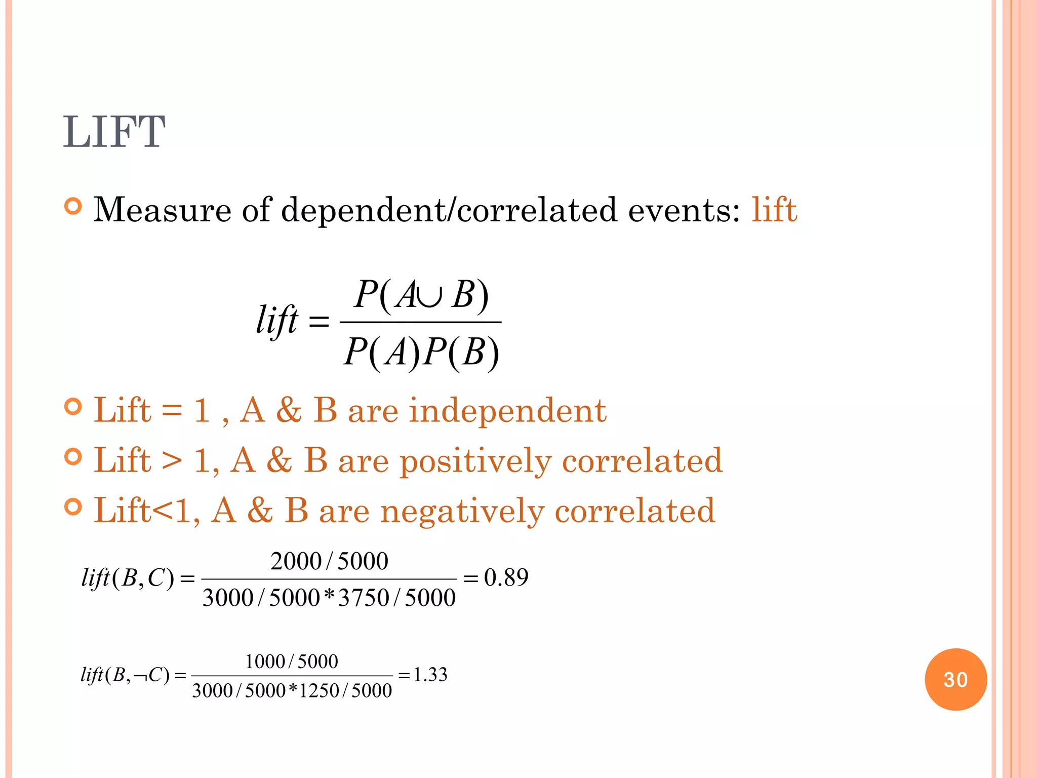 LIFT
 Measure of dependent/correlated events: lift
 Lift = 1 , A & B are independent
 Lift > 1, A & B are positively correlated
 Lift<1, A & B are negatively correlated
30
)()(
)(
BPAP
BAP
lift
∪
=
89.0
5000/3750*5000/3000
5000/2000
),( ==CBlift
33.1
5000/1250*5000/3000
5000/1000
),( ==¬CBlift
 