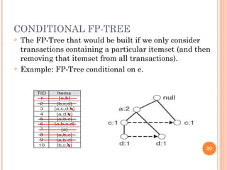 CONDITIONAL FP-TREE
 The FP-Tree that would be built if we only consider
transactions containing a particular itemset (and then
removing that itemset from all transactions).
 Example: FP-Tree conditional on e.
20
 