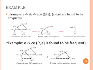 EXAMPLE
 Example: e -> de -> ade ({d,e}, {a,d,e} are found to be
frequent)
•Example: e -> ce ({c,e} is found to be frequent)
24
 