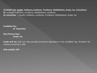 Candidate key:
ID SchoolYear
Non-Primary Keys:
Grade, Sec
Grade and Sec both are only partially functional dependent to the candidate key, therefore the
relation cannot be in 2NF.
Only satisfies 1NF.
STUDINFO (ID, StudID, FullName,LastName, FirstName, MiddleName, Grade, Sec, SchoolYear)
ID  StudID, FullName, FirstName, MiddleName, LastName
ID, SchoolYear  StudID, FullName, LastName, FirstName, MiddleName, Grade, Sec
 
