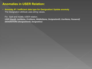 Anomalies in USER Relation:
• Anomaly #1: Inefficient data type for Designation/ Update anomaly
The Designation attribute uses string values.
Fix: Split and modify USER relation.
USER (UserID, LastName, FirstName, MiddleName, DesignationID, UserName, Password)
DESIGNATIONS (DesignationID, Designation)
 