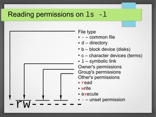 Reading permissions on ls -l
File type
● - – common file
● d – directory
●
b – block device (disks)
●
c – character devices (terms)
● l – symbolic link
Owner's permissions
Group's permissions
Other's permissions
● read
● write
● execute
● - – unset permission

-rw-------

 