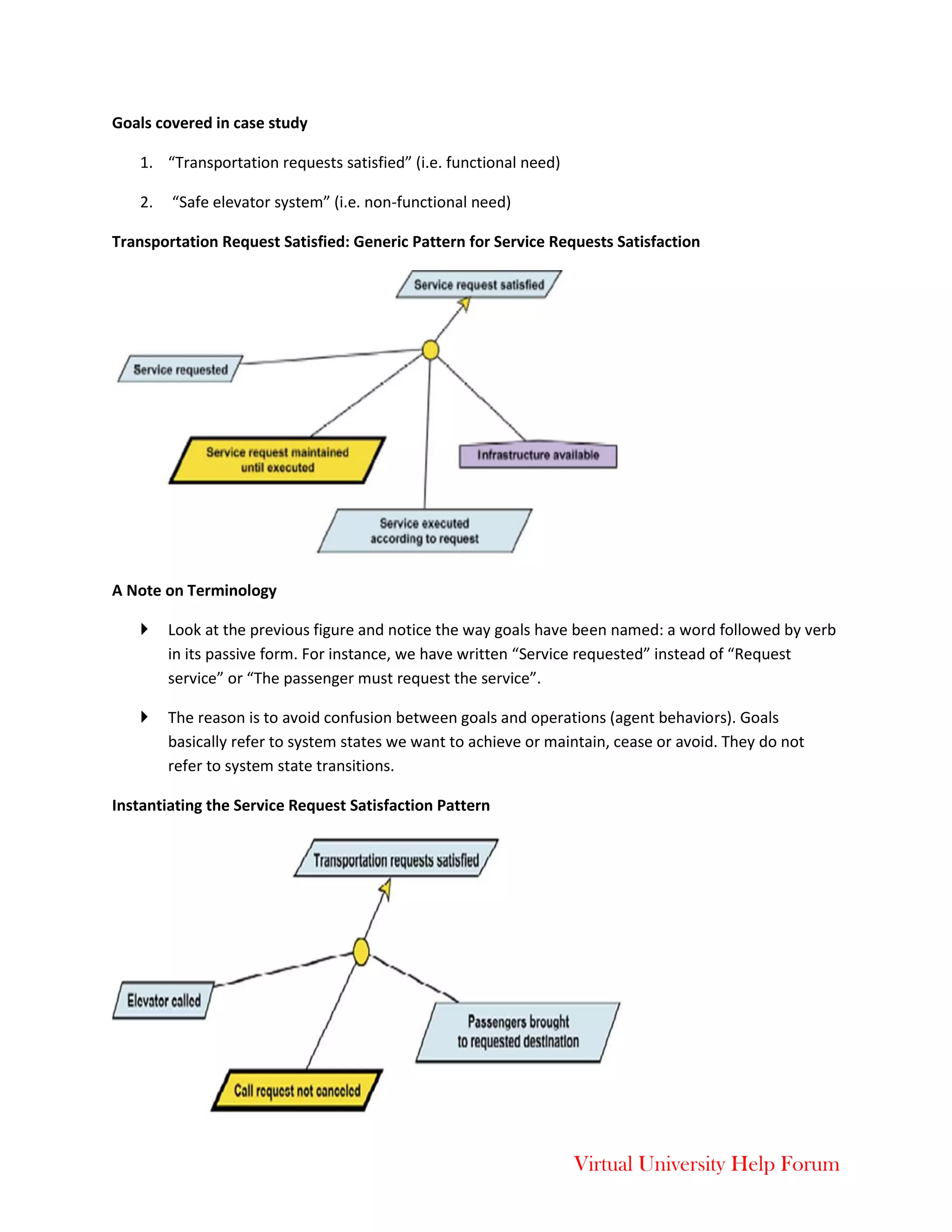 Virtual University Help Forum
Goals covered in case study
1. “Transportation requests satisfied” (i.e. functional need)
2. “Safe elevator system” (i.e. non-functional need)
Transportation Request Satisfied: Generic Pattern for Service Requests Satisfaction
A Note on Terminology
 Look at the previous figure and notice the way goals have been named: a word followed by verb
in its passive form. For instance, we have written “Service requested” instead of “Request
service” or “The passenger must request the service”.
 The reason is to avoid confusion between goals and operations (agent behaviors). Goals
basically refer to system states we want to achieve or maintain, cease or avoid. They do not
refer to system state transitions.
Instantiating the Service Request Satisfaction Pattern
 