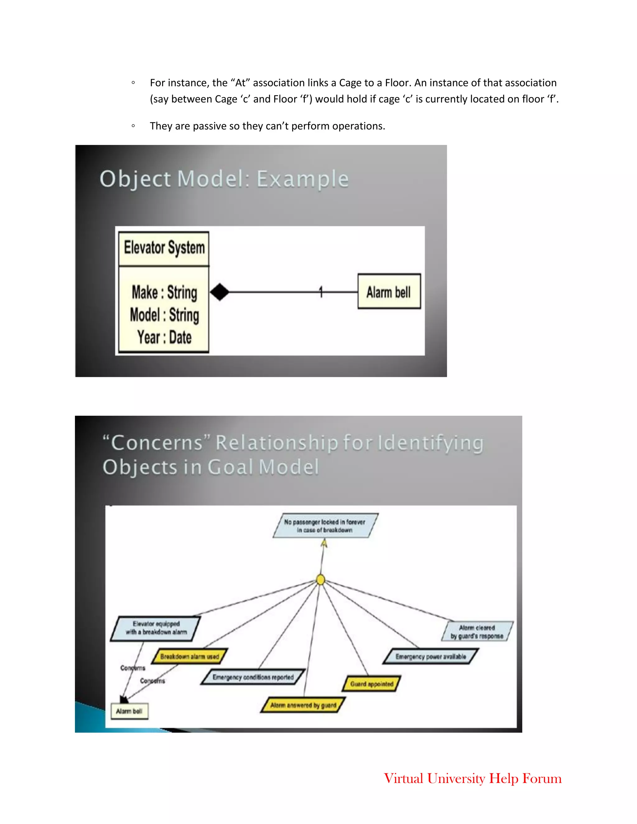 Virtual University Help Forum
◦ For instance, the “At” association links a Cage to a Floor. An instance of that association
(say between Cage ‘c’ and Floor ‘f’) would hold if cage ‘c’ is currently located on floor ‘f’.
◦ They are passive so they can’t perform operations.
 