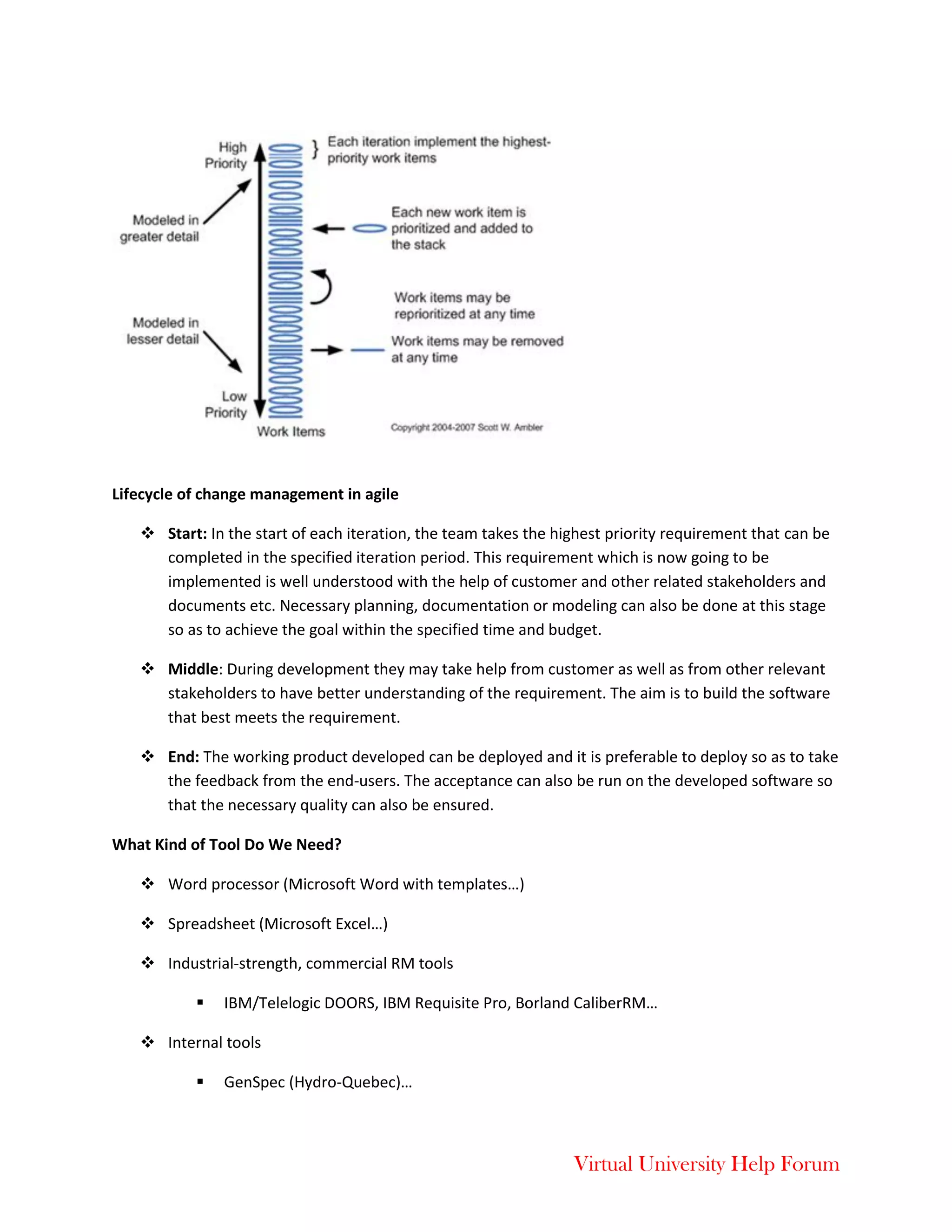 Virtual University Help Forum
Lifecycle of change management in agile
 Start: In the start of each iteration, the team takes the highest priority requirement that can be
completed in the specified iteration period. This requirement which is now going to be
implemented is well understood with the help of customer and other related stakeholders and
documents etc. Necessary planning, documentation or modeling can also be done at this stage
so as to achieve the goal within the specified time and budget.
 Middle: During development they may take help from customer as well as from other relevant
stakeholders to have better understanding of the requirement. The aim is to build the software
that best meets the requirement.
 End: The working product developed can be deployed and it is preferable to deploy so as to take
the feedback from the end-users. The acceptance can also be run on the developed software so
that the necessary quality can also be ensured.
What Kind of Tool Do We Need?
 Word processor (Microsoft Word with templates…)
 Spreadsheet (Microsoft Excel…)
 Industrial-strength, commercial RM tools
 IBM/Telelogic DOORS, IBM Requisite Pro, Borland CaliberRM…
 Internal tools
 GenSpec (Hydro-Quebec)…
 