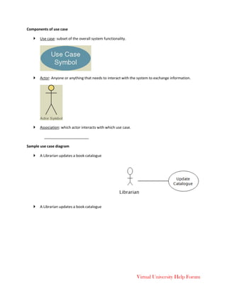 Virtual University Help Forum
Components of use case
 Use case: subset of the overall system functionality.
 Actor: Anyone or anything that needs to interact with the system to exchange information.
 Association: which actor interacts with which use case.
Sample use case diagram
 A Librarian updates a book catalogue
 A Librarian updates a book catalogue
 
