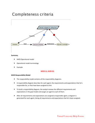 Virtual University Help Forum
Summary
 KAOS Operational model
 Operational model terminology
 Example
WEEK 11, SLIDE 02:
KAOS Responsibility Model
 The responsibility model contains all the responsibility diagrams.
 A responsibility diagram describes for each agent, the requirements and expectations that he’s
responsible for, or that have been assigned to him.
 To build a responsibility diagram, the analyst reviews the different requirements and
expectations in the goal model and assigns an agent to each of them.
 After all requirements and expectations are assigned a responsible agent, a diagram is
generated for each agent, listing all requirements and expectations that he’s been assigned.
 