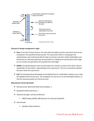 Virtual University Help Forum
Lifecycle of change management in agile
 Start: In the start of each iteration, the team takes the highest priority requirement that can be
completed in the specified iteration period. This requirement which is now going to be
implemented is well understood with the help of customer and other related stakeholders and
documents etc. Necessary planning, documentation or modeling can also be done at this stage
so as to achieve the goal within the specified time and budget.
 Middle: During development they may take help from customer as well as from other relevant
stakeholders to have better understanding of the requirement. The aim is to build the software
that best meets the requirement.
 End: The working product developed can be deployed and it is preferable to deploy so as to take
the feedback from the end-users. The acceptance can also be run on the developed software so
that the necessary quality can also be ensured.
What Kind of Tool Do We Need?
 Word processor (Microsoft Word with templates…)
 Spreadsheet (Microsoft Excel…)
 Industrial-strength, commercial RM tools
 IBM/Telelogic DOORS, IBM Requisite Pro, Borland CaliberRM…
 Internal tools
 GenSpec (Hydro-Quebec)…
 