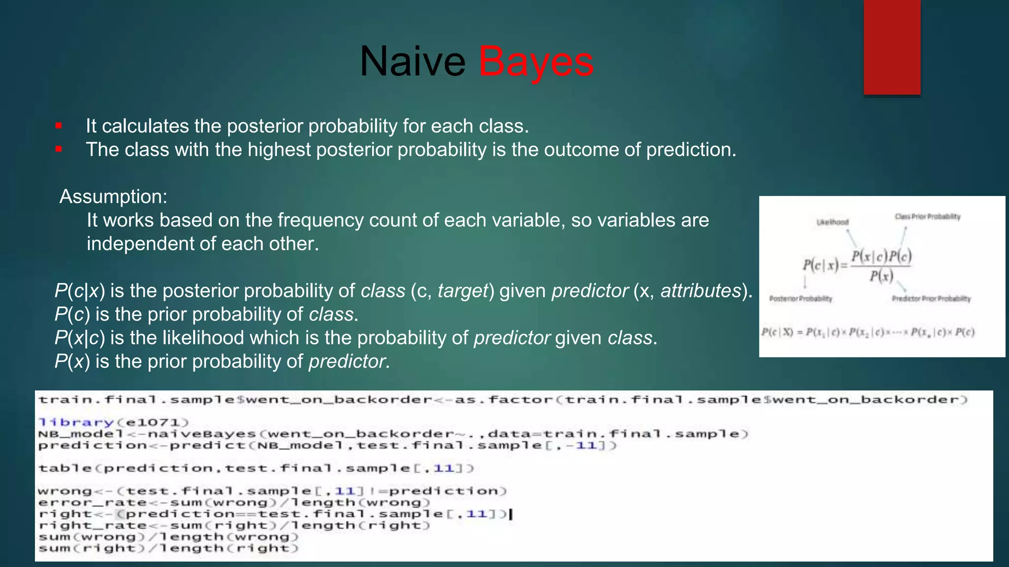 Naive Bayes
 It calculates the posterior probability for each class.
 The class with the highest posterior probability is the outcome of prediction.
Assumption:
It works based on the frequency count of each variable, so variables are
independent of each other.
P(c|x) is the posterior probability of class (c, target) given predictor (x, attributes).
P(c) is the prior probability of class.
P(x|c) is the likelihood which is the probability of predictor given class.
P(x) is the prior probability of predictor.
 