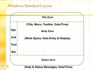 18
Windows Standard Layout
Title Zone
(Title, Menu, Toolbar, Date/Time)
Body Zone
(Work Space, Data Entry & Display)
Status Zone
(Help & Status Messages, Date/Time)
Opt.
2nd
Tool
Bar
 