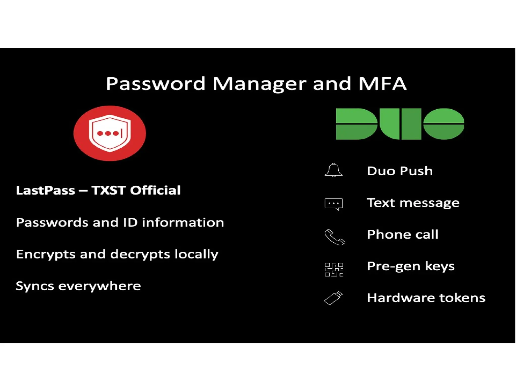 Password Manager and MFA
​
LastPass – TXST Official​
​
Passwords and ID information​
​
Encrypts and decrypts locally ​
​
​
​
Syncs everywhere
Duo Push​
​
Text message​
​
Phone call​
​
Pre-gen keys​
​
Hardware tokens
 