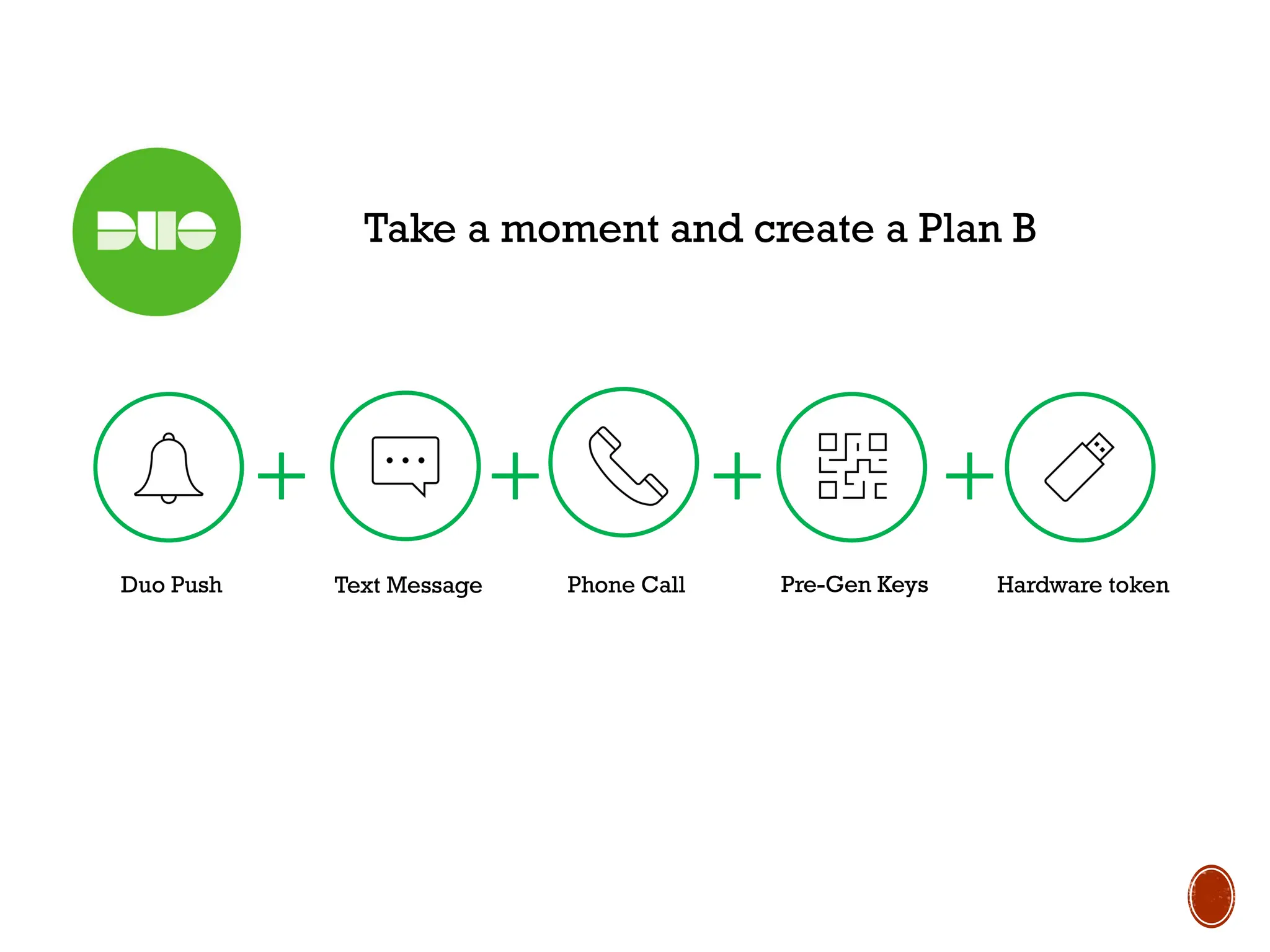 Take a moment and create a Plan B
Duo Push Text Message Phone Call Pre-Gen Keys Hardware token
 