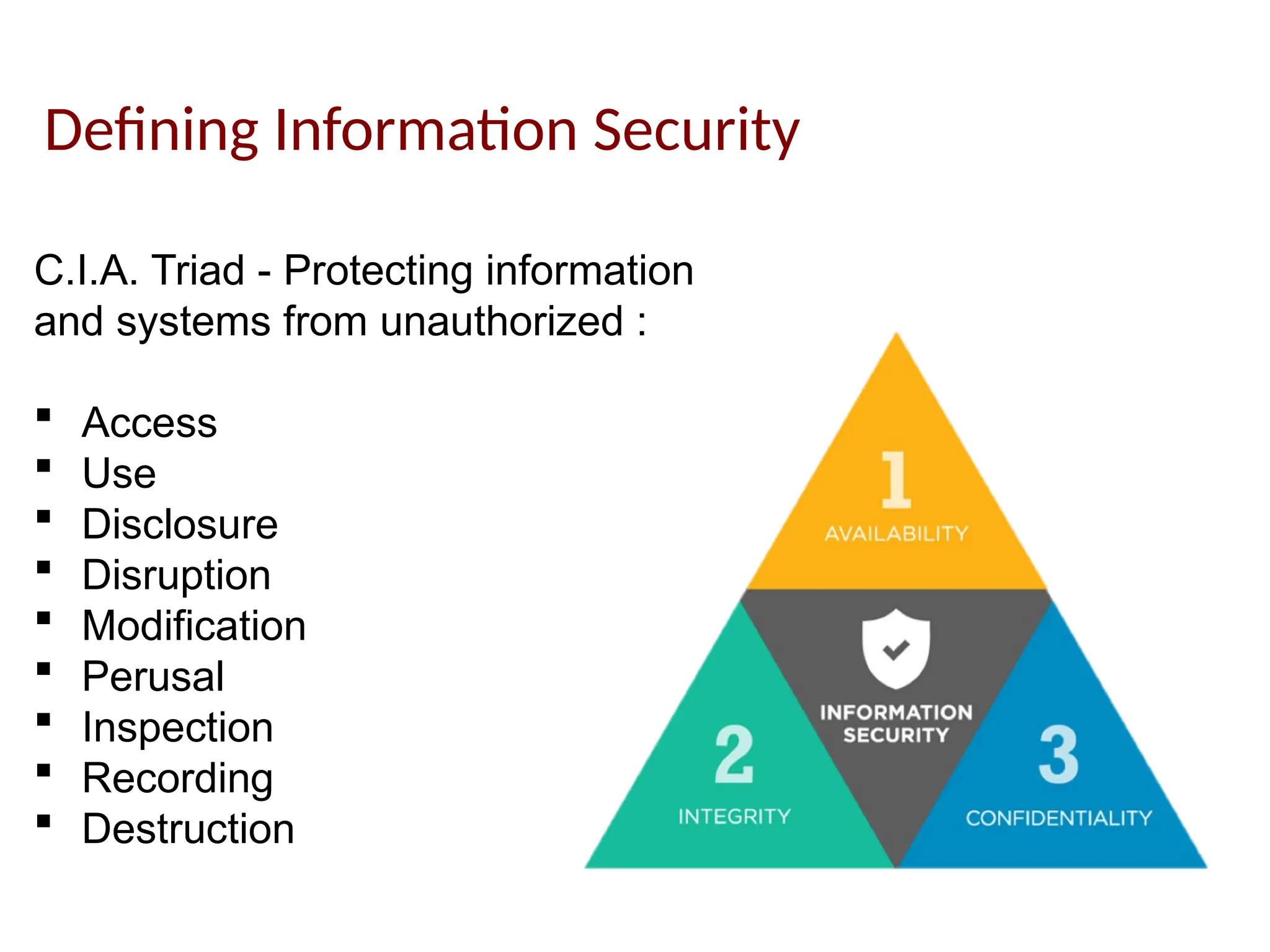 Defining Information Security
C.I.A. Triad - Protecting information
and systems from unauthorized :
 Access
 Use
 Disclosure
 Disruption
 Modification
 Perusal
 Inspection
 Recording
 Destruction
 