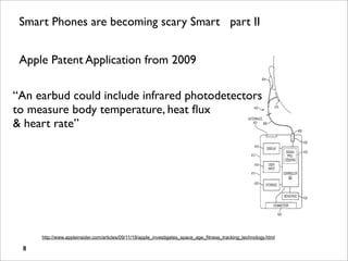 Smart Phones are becoming scary Smart part II


 Apple Patent Application from 2009

“An earbud could include infrared photodetectors
to measure body temperature, heat ﬂux
& heart rate”




     http://www.appleinsider.com/articles/09/11/19/apple_investigates_space_age_fitness_tracking_technology.html

 8
 