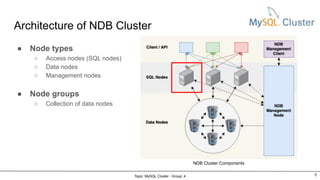 Architecture of NDB Cluster
● Node types
○ Access nodes (SQL nodes)
○ Data nodes
○ Management nodes
● Node groups
○ Collection of data nodes
NDB Cluster Components
8
Topic: MySQL Cluster - Group: 4
 