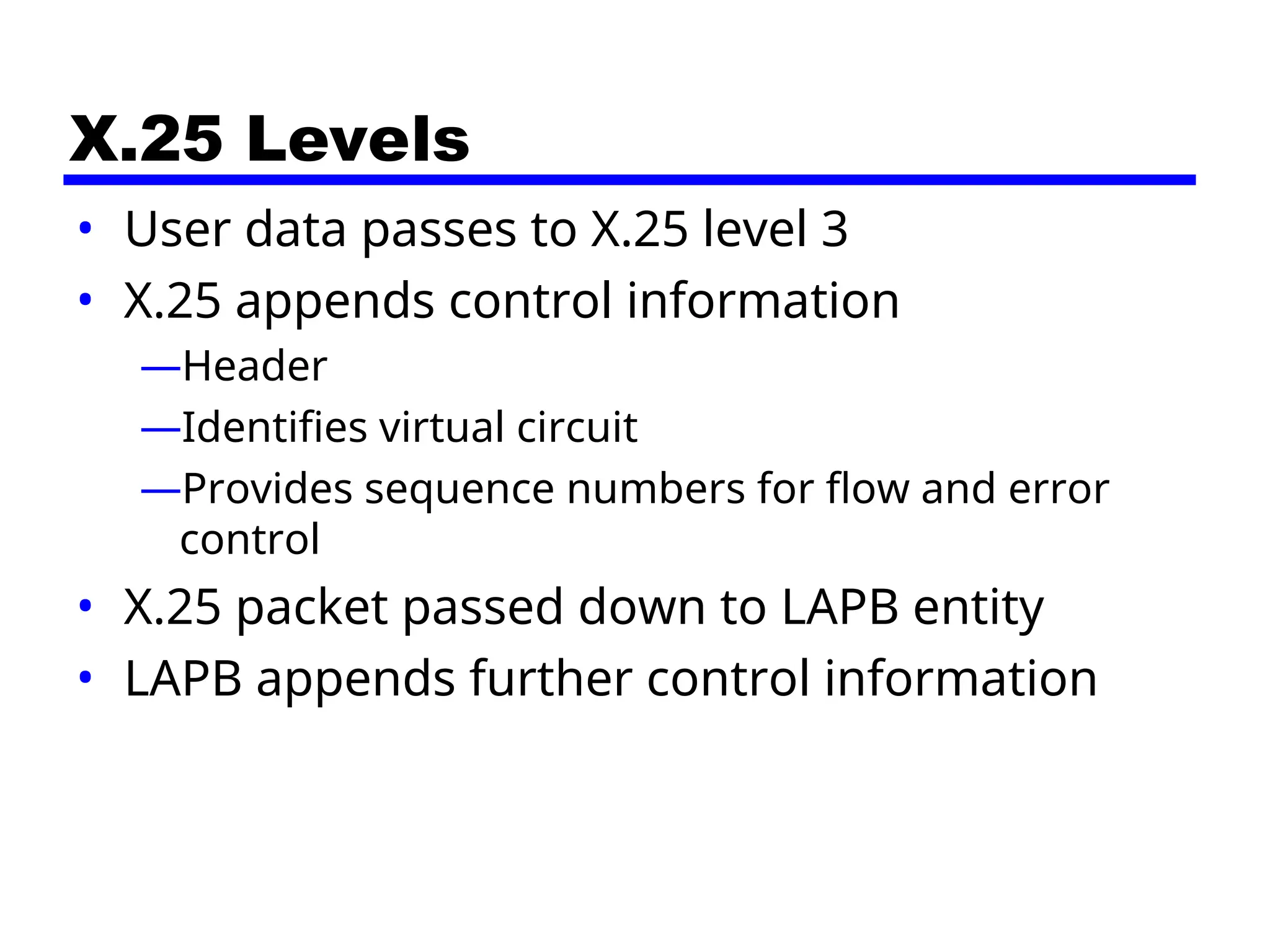 X.25 Levels
• User data passes to X.25 level 3
• X.25 appends control information
—Header
—Identifies virtual circuit
—Provides sequence numbers for flow and error
control
• X.25 packet passed down to LAPB entity
• LAPB appends further control information
 