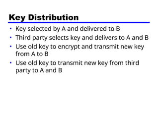 Key Distribution
• Key selected by A and delivered to B
• Third party selects key and delivers to A and B
• Use old key to encrypt and transmit new key
from A to B
• Use old key to transmit new key from third
party to A and B
 