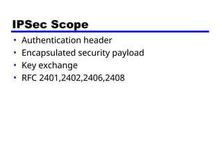 IPSec Scope
• Authentication header
• Encapsulated security payload
• Key exchange
• RFC 2401,2402,2406,2408
 