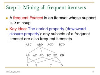 CS583, Bing Liu, UIC 16
Step 1: Mining all frequent itemsets
 A frequent itemset is an itemset whose support
is ≥ minsup.
 Key idea: The apriori property (downward
closure property): any subsets of a frequent
itemset are also frequent itemsets
AB AC AD BC BD CD
A B C D
ABC ABD ACD BCD
 