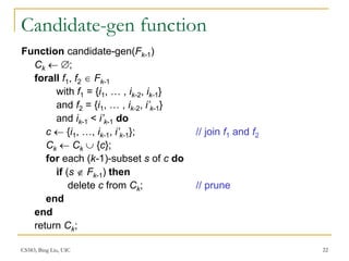 CS583, Bing Liu, UIC 22
Candidate-gen function
Function candidate-gen(Fk-1)
Ck  ;
forall f1, f2  Fk-1
with f1 = {i1, … , ik-2, ik-1}
and f2 = {i1, … , ik-2, i’k-1}
and ik-1 < i’k-1 do
c  {i1, …, ik-1, i’k-1}; // join f1 and f2
Ck  Ck  {c};
for each (k-1)-subset s of c do
if (s  Fk-1) then
delete c from Ck; // prune
end
end
return Ck;
 