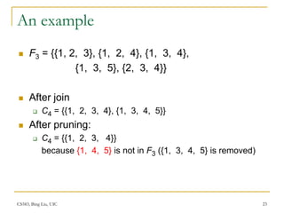 CS583, Bing Liu, UIC 23
An example
 F3 = {{1, 2, 3}, {1, 2, 4}, {1, 3, 4},
{1, 3, 5}, {2, 3, 4}}
 After join
 C4 = {{1, 2, 3, 4}, {1, 3, 4, 5}}
 After pruning:
 C4 = {{1, 2, 3, 4}}
because {1, 4, 5} is not in F3 ({1, 3, 4, 5} is removed)
 