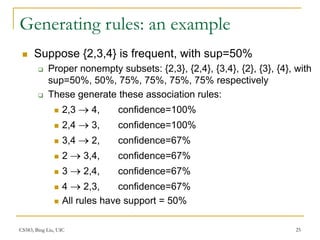 CS583, Bing Liu, UIC 25
Generating rules: an example
 Suppose {2,3,4} is frequent, with sup=50%
 Proper nonempty subsets: {2,3}, {2,4}, {3,4}, {2}, {3}, {4}, with
sup=50%, 50%, 75%, 75%, 75%, 75% respectively
 These generate these association rules:
 2,3  4, confidence=100%
 2,4  3, confidence=100%
 3,4  2, confidence=67%
 2  3,4, confidence=67%
 3  2,4, confidence=67%
 4  2,3, confidence=67%
 All rules have support = 50%
 