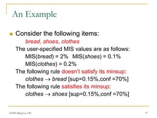 CS583, Bing Liu, UIC 37
An Example
 Consider the following items:
bread, shoes, clothes
The user-specified MIS values are as follows:
MIS(bread) = 2% MIS(shoes) = 0.1%
MIS(clothes) = 0.2%
The following rule doesn’t satisfy its minsup:
clothes  bread [sup=0.15%,conf =70%]
The following rule satisfies its minsup:
clothes  shoes [sup=0.15%,conf =70%]
 